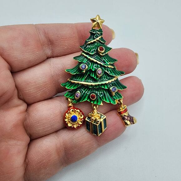 Christopher Radko Enameled Christmas Tree Brooch with Dangles & Rhinestones - Picture 4 of 5